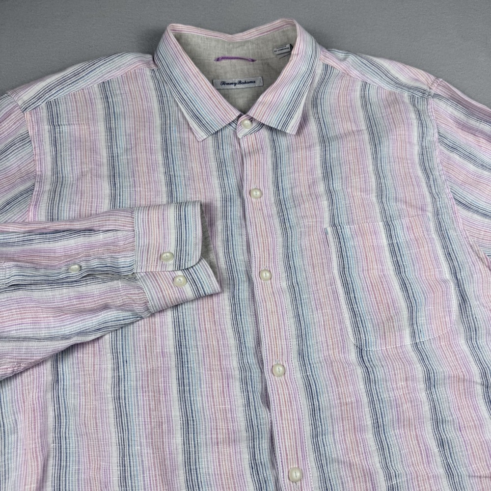 Tommy Bahama 100% Linen Button Shirt Men XXL Stripe Pocket Long Sleeve Beach